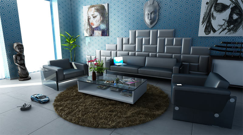 Modernes Zimmer mit auffälligem rundem Teppich