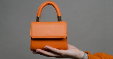 Frauenhand, die eine orange hochhältHandtasche