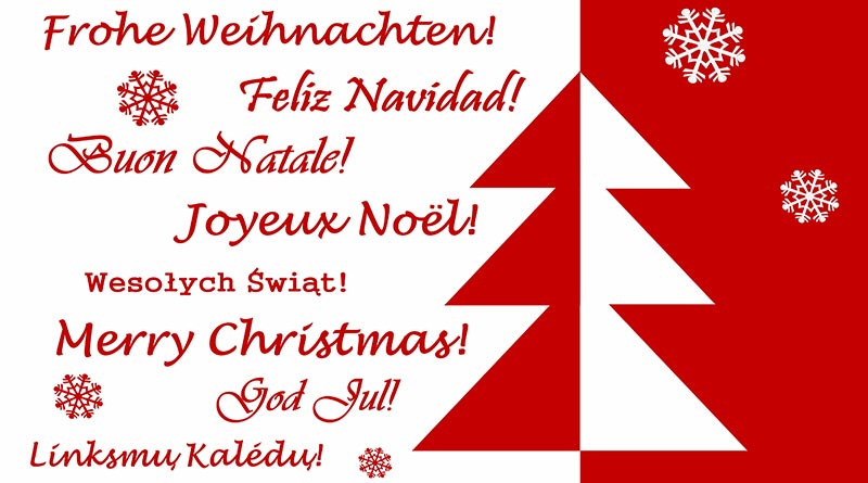 Weihnachtskarte mit Grüßen in vielen Sprachen