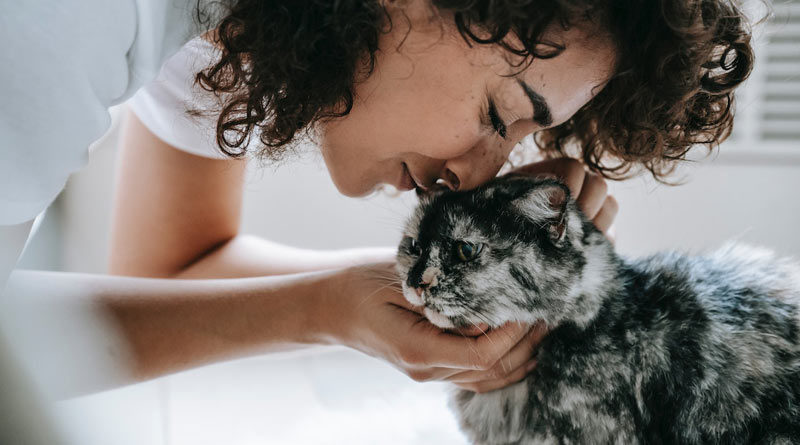 Junge Frau, die mit ihrer schwarz-weißen Katze schmust