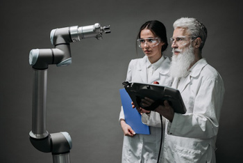 Eine Forscherin und ein Forscher stehen vor einem Roboter