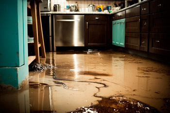 Mit Schmutzwasser überschwemmte Küche