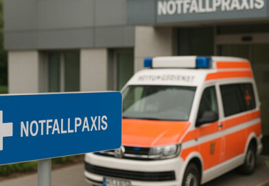 Ein Krankenwagen vor einer medizinischen Notfallpraxis