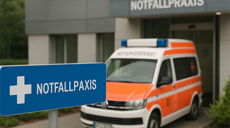 Ein Krankenwagen vor einer medizinischen Notfallpraxis