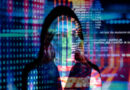 Eine Frau , die mit den Algorithmen einer Maschine verschmilzt