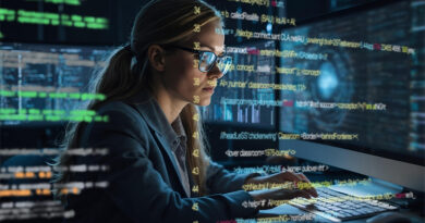 Eine Frau sitzt an einem Schreibtisch, im Hintergrund sind Zahlen- und Buchstabencodes verschwommen zu sehen.