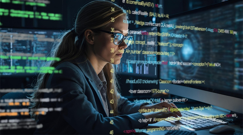 Eine Frau sitzt an einem Schreibtisch, im Hintergrund sind Zahlen- und Buchstabencodes verschwommen zu sehen.