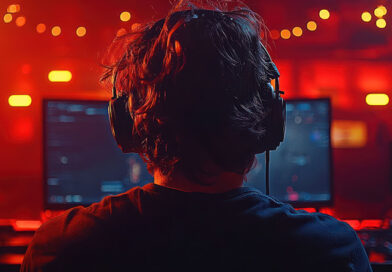 Junger Mann, in rotes Licht getaucht, von hinten beim digitalen Glücksspiel