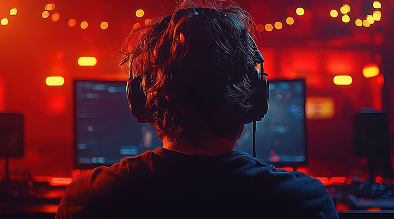 Junger Mann, in rotes Licht getaucht, von hinten beim digitalen Glücksspiel