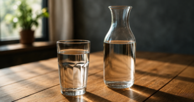Ein Glas Wasser und daneben eine Karaffe mit Wasser, welches mit einem Wasserfilter aufbereitet wurde
