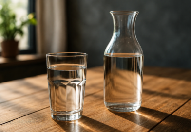 Ein Glas Wasser und daneben eine Karaffe mit Wasser, welches mit einem Wasserfilter aufbereitet wurde