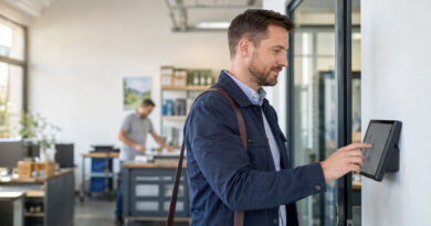 Mitarbeiter erfasst seinen Arbeitsbeginn an einer digitalen Stempeluhr