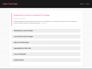 Screenshot des Blogs Code-X Tech Blog über IT, Softwareentwicklung, Hardware, Programmierung und Linux