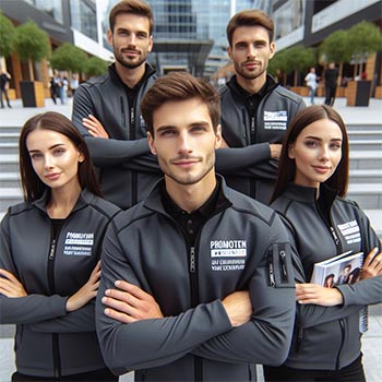 KI-generiertes Bild eines jungen Teams mit Jacken mit einem Firmenaufdruck