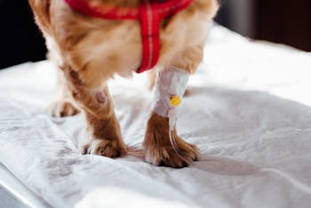 Hund mit einem Infusionszugang am Bein