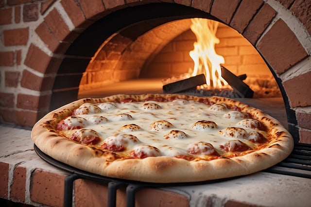 Knusprig gebackene Pizza vor einem Pizzaofen