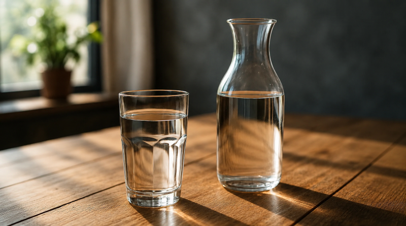 Ein Glas Wasser und daneben eine Karaffe mit Wasser, welches mit einem Wasserfilter aufbereitet wurde
