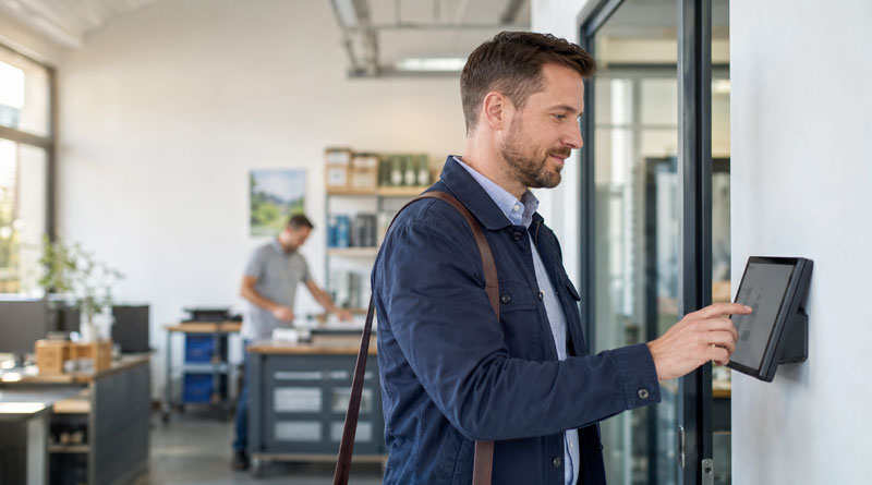 Mitarbeiter erfasst seinen Arbeitsbeginn an einer digitalen Stempeluhr